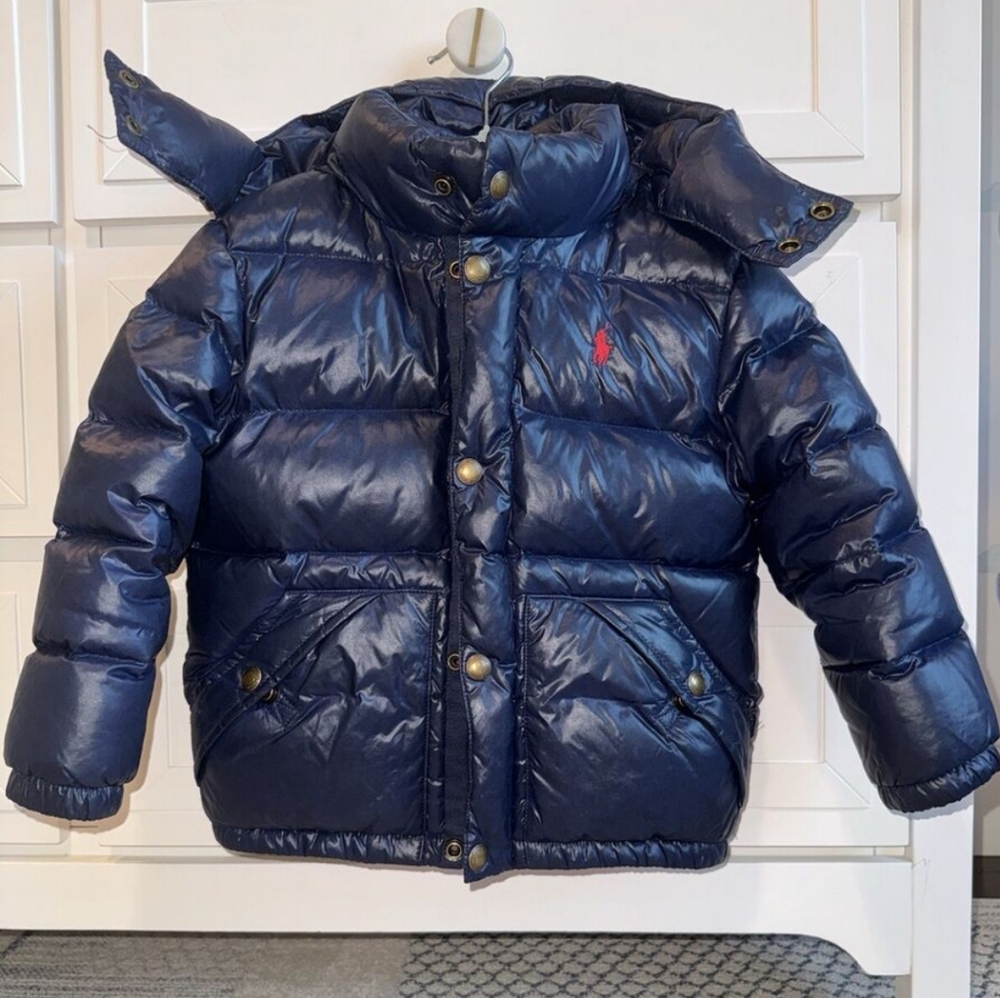 POLO RALPH LAUREN Boys Puffer Feather Down Jacket Hooded Size 3/3T Navy